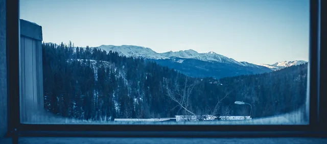 Snowy forested mountains are framed by a window.