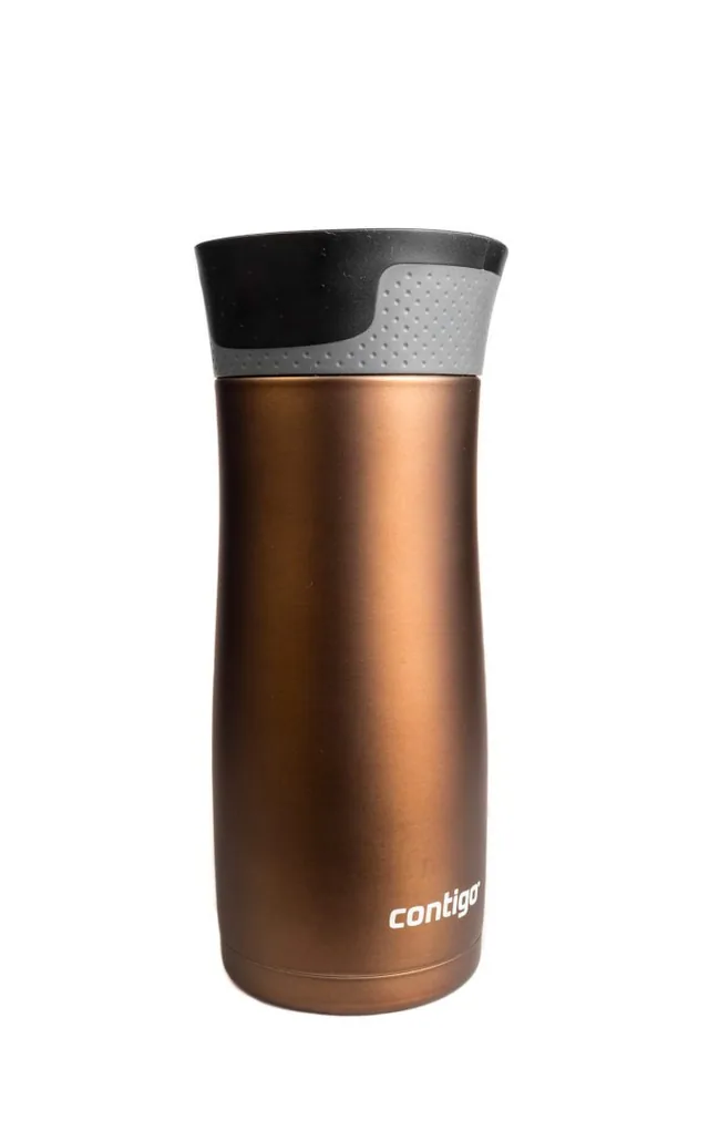 A bronze travel mug with a black lid against a white background.