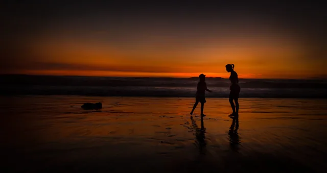 Two people are silhouetted on a wet beach beneath an orange sunset.