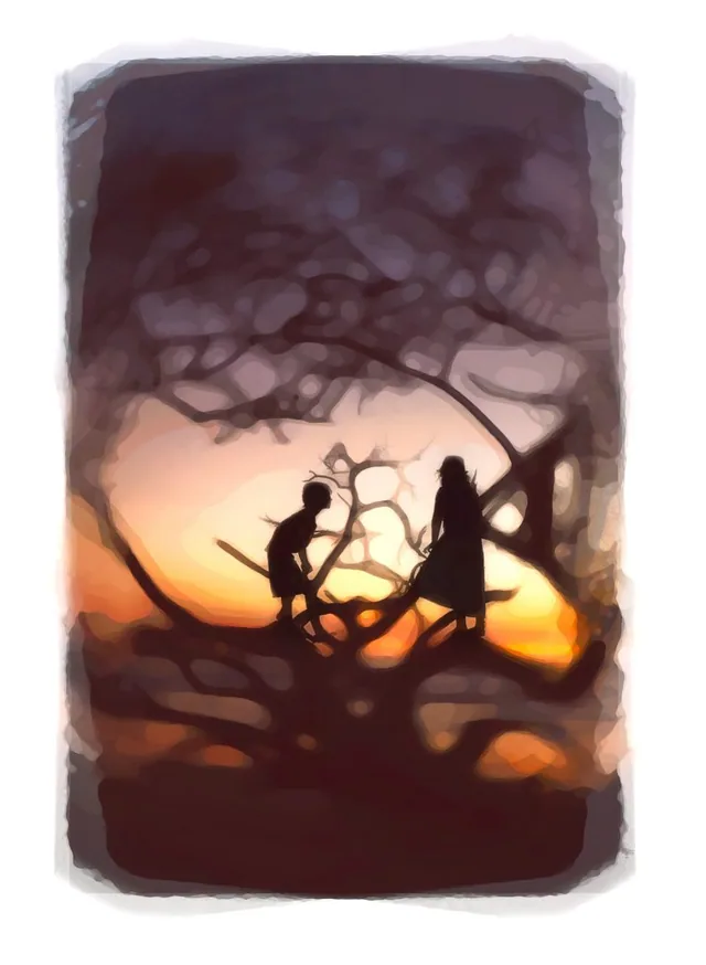 Painterly silhouettes of two people among tree branches against an orange sunset.