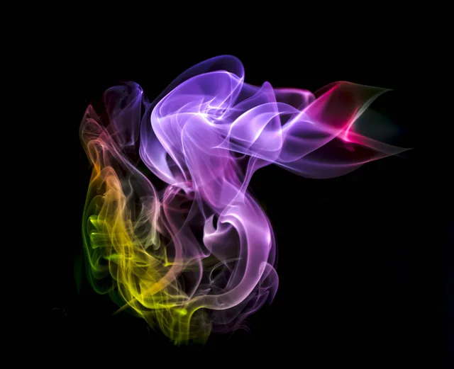 Tangled purple, pink, yellow, and green smoke curls against black.